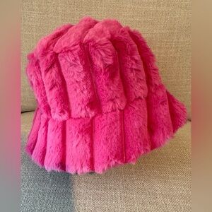 New Cozy Bright Pink Winter Ribbed Faux Fur Bucket Style Hat Adult Size